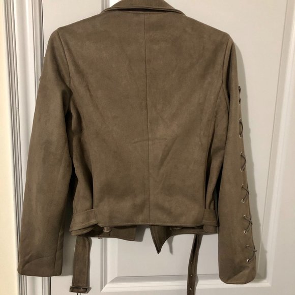 Beige Faux Suede Biker Jacket - Picture 8 of 12